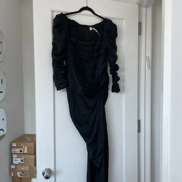 Khaite Shawna Ruched Satin Crepe Midi Dress Black High Slit Square Neckline - Picture 9 of 15